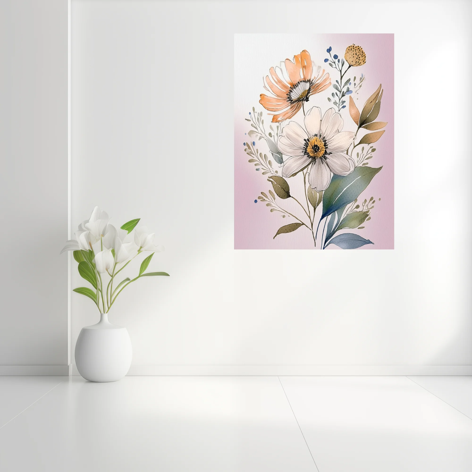 Boho watercolor-style floral illustration with peach and white blooms, sage foliage, blush background