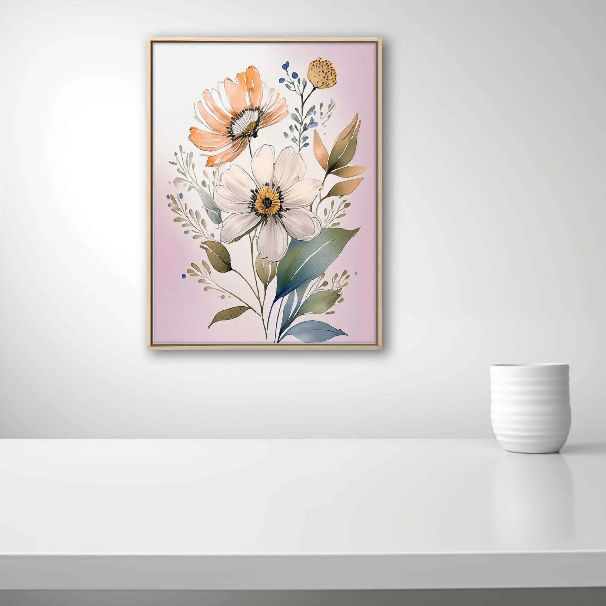 Boho watercolor-style floral illustration with peach and white blooms, sage foliage, blush background