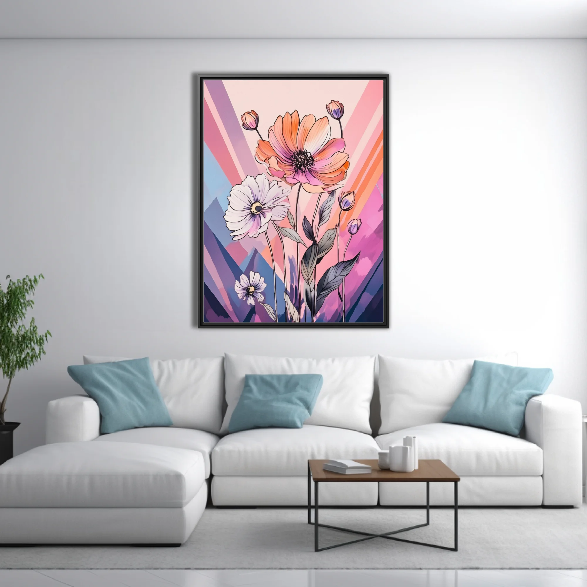 Abstract floral illustration with ink-style linework, coral and pastel violet palette