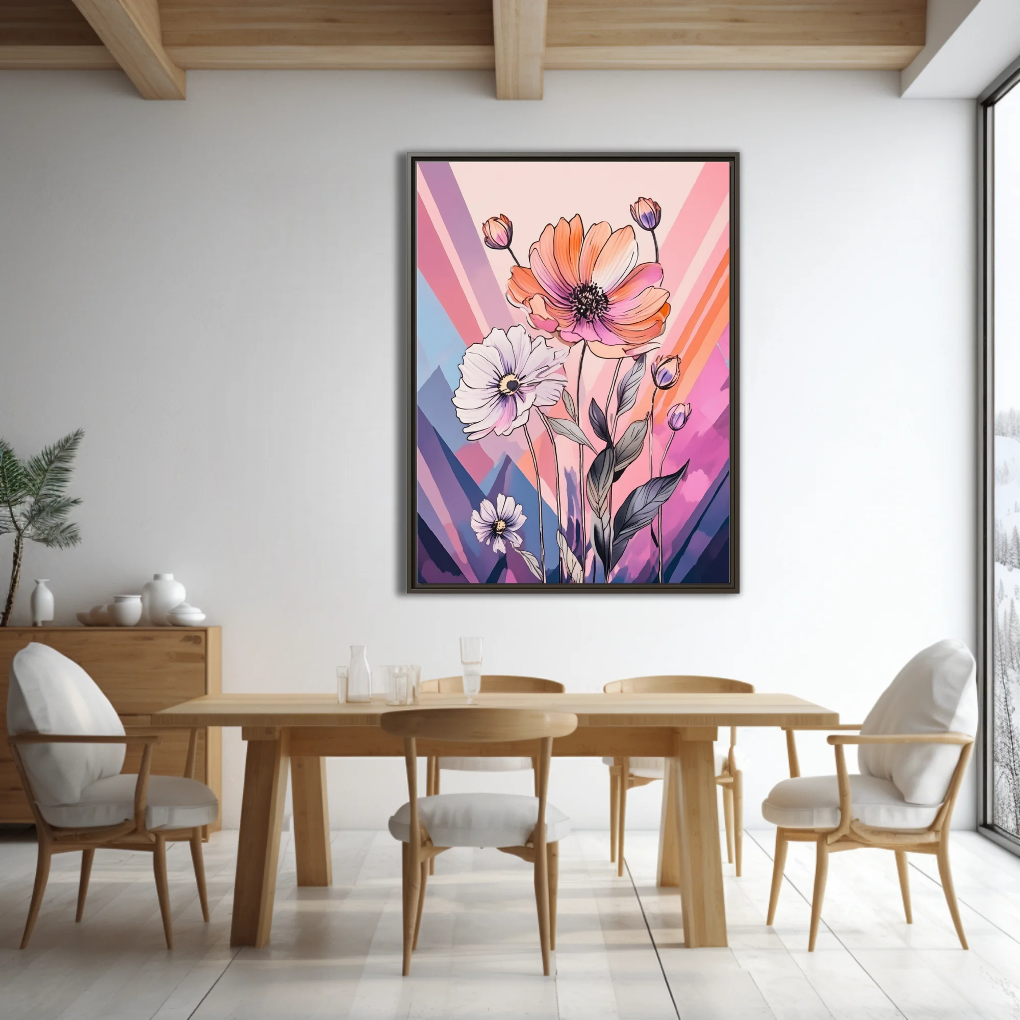 Abstract floral illustration with ink-style linework, coral and pastel violet palette