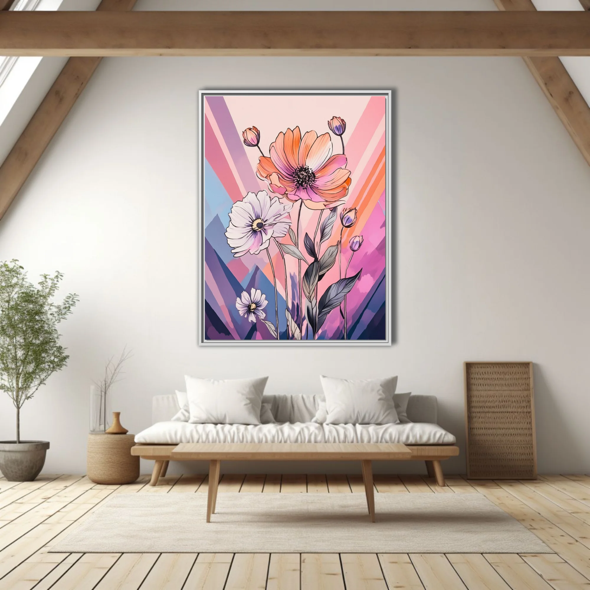 Abstract floral illustration with ink-style linework, coral and pastel violet palette