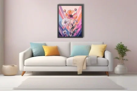 Abstract floral illustration with ink-style linework, coral and pastel violet palette