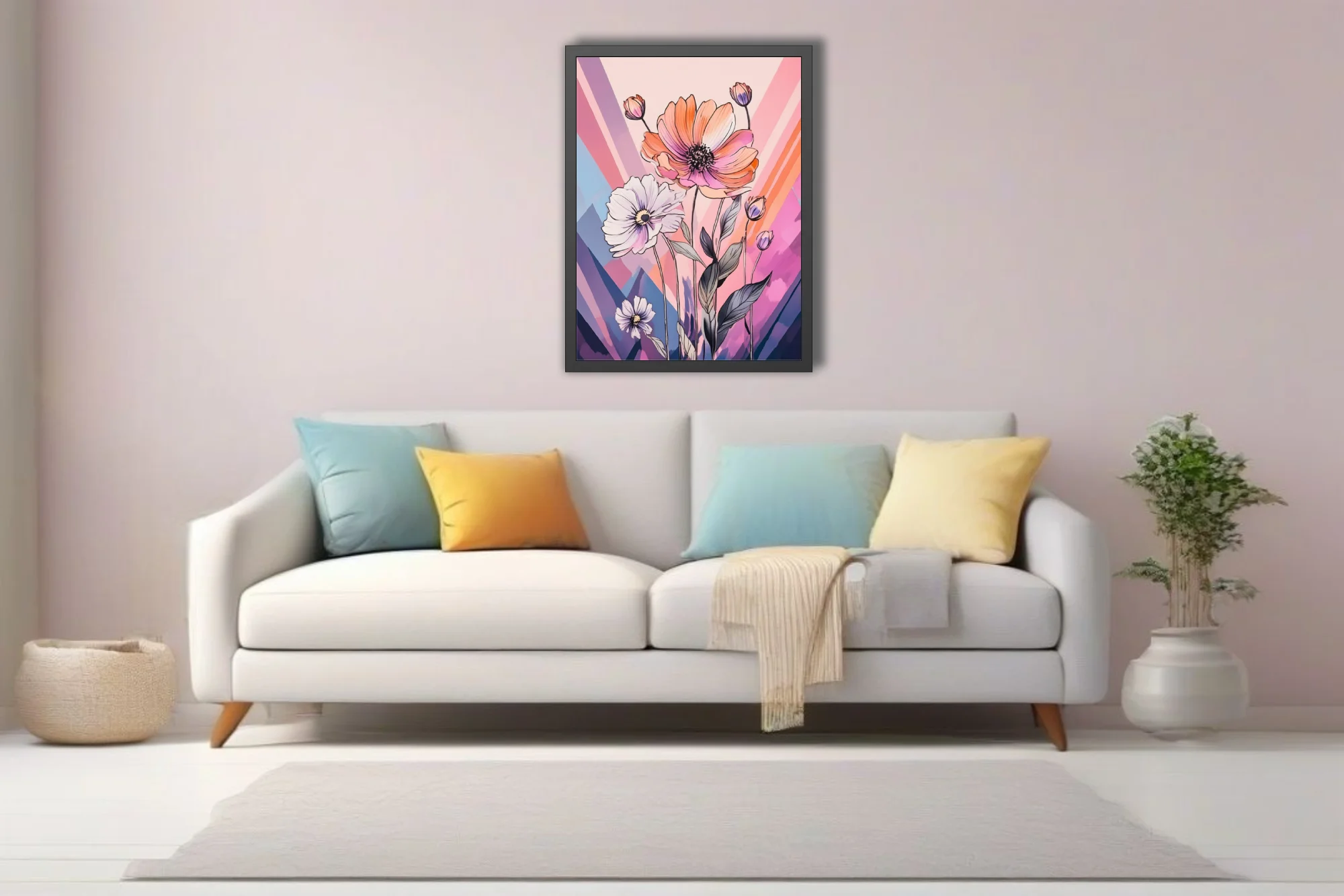 Abstract floral illustration with ink-style linework, coral and pastel violet palette