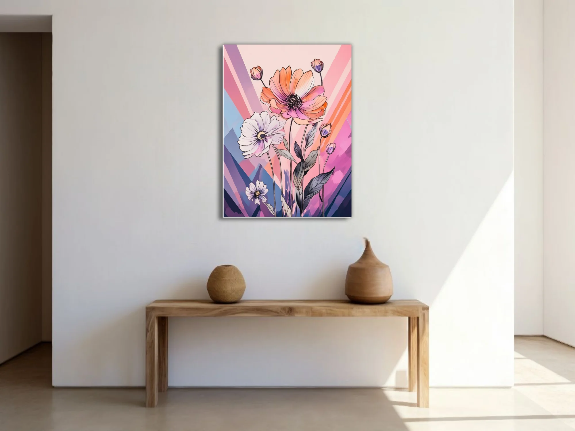 Abstract floral illustration with ink-style linework, coral and pastel violet palette