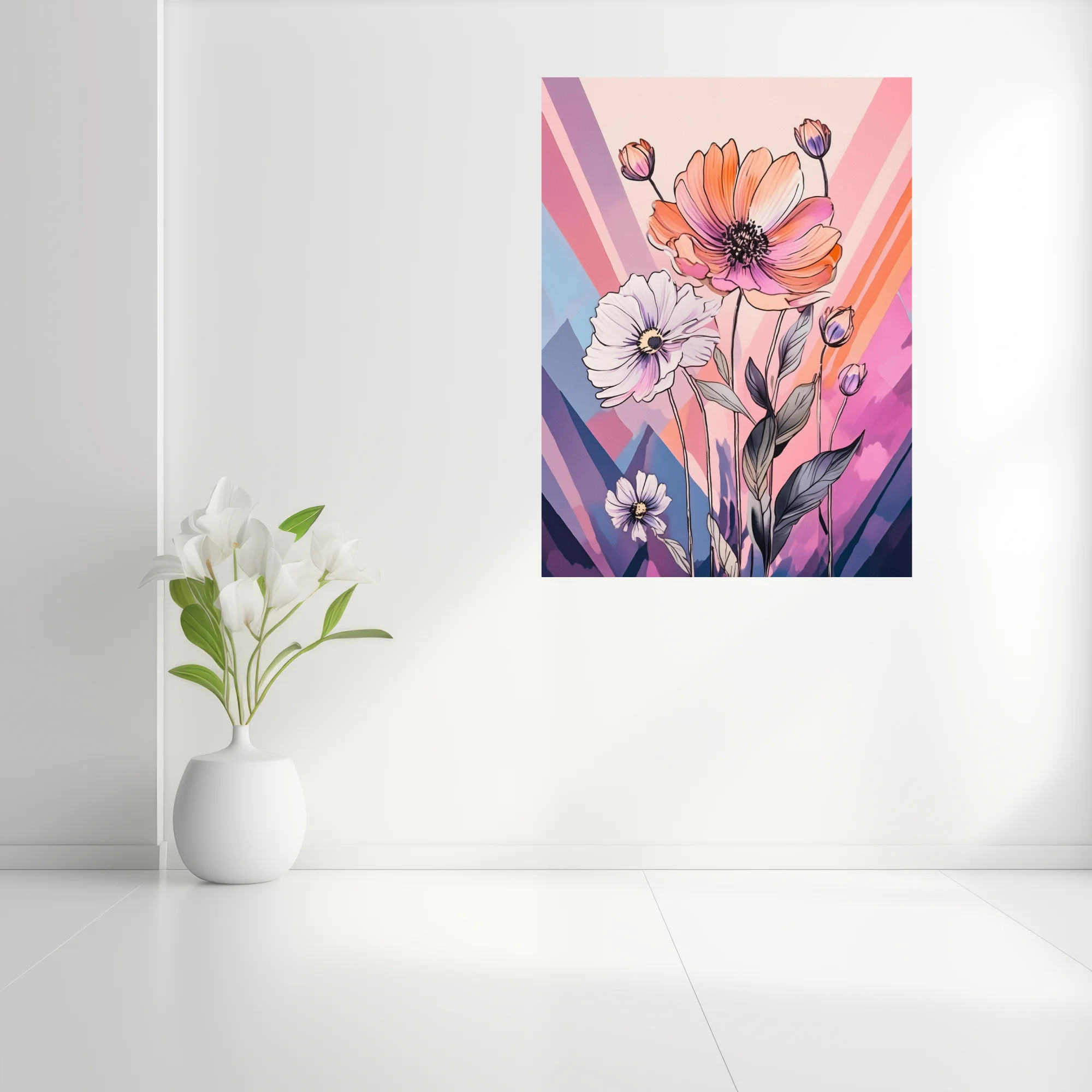 Abstract floral illustration with ink-style linework, coral and pastel violet palette
