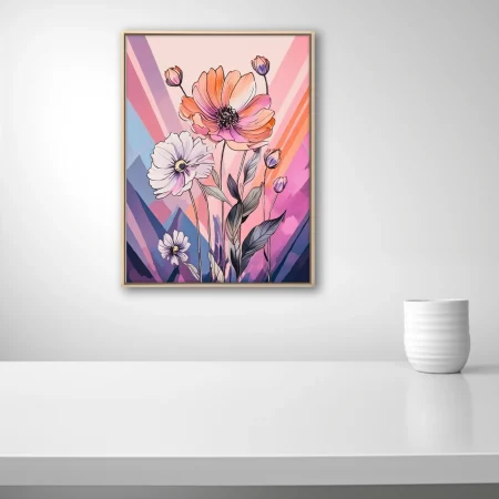 Abstract floral illustration with ink-style linework, coral and pastel violet palette
