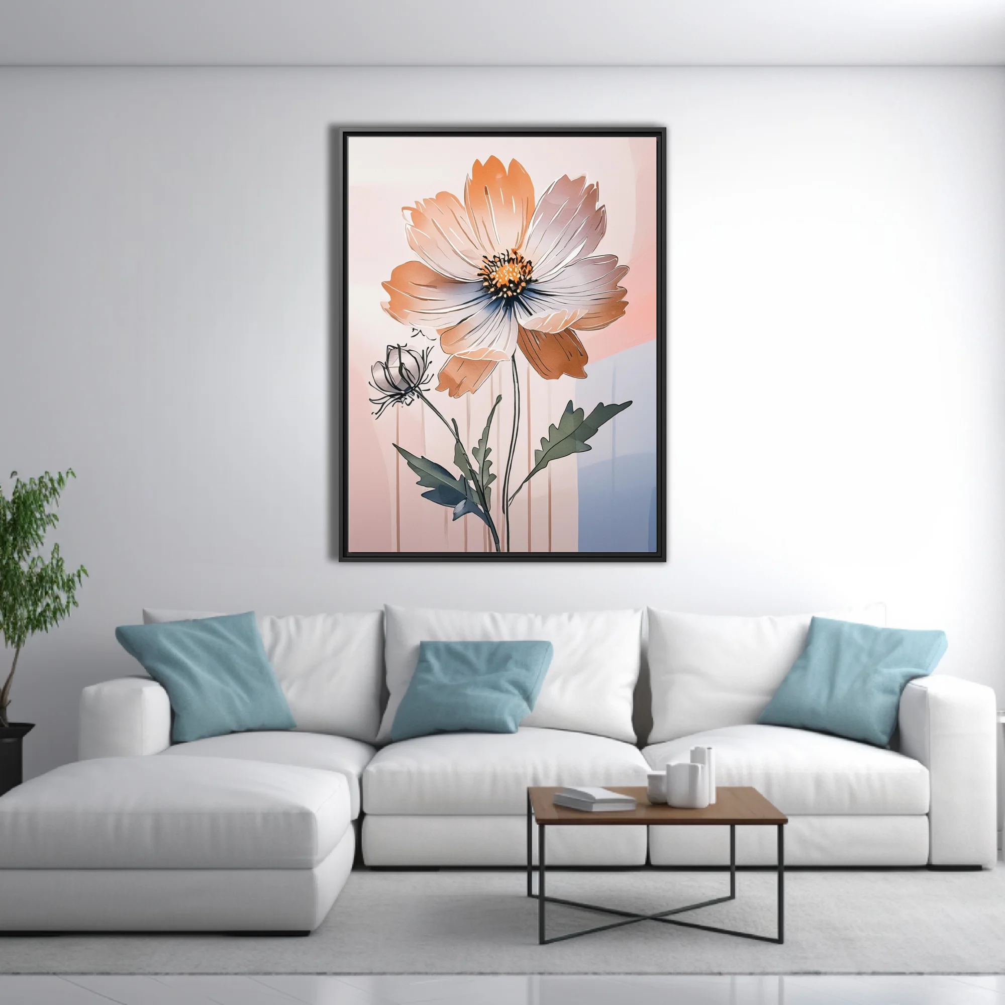 Abstract peach floral ink-style illustration with soft pastel geometric background