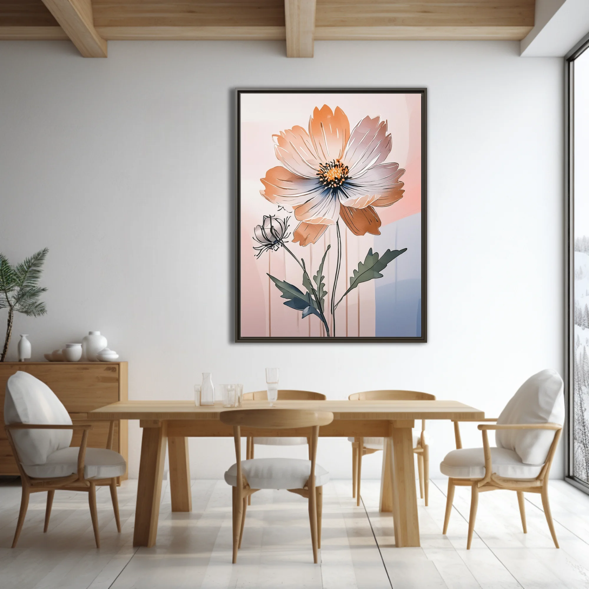 Abstract peach floral ink-style illustration with soft pastel geometric background