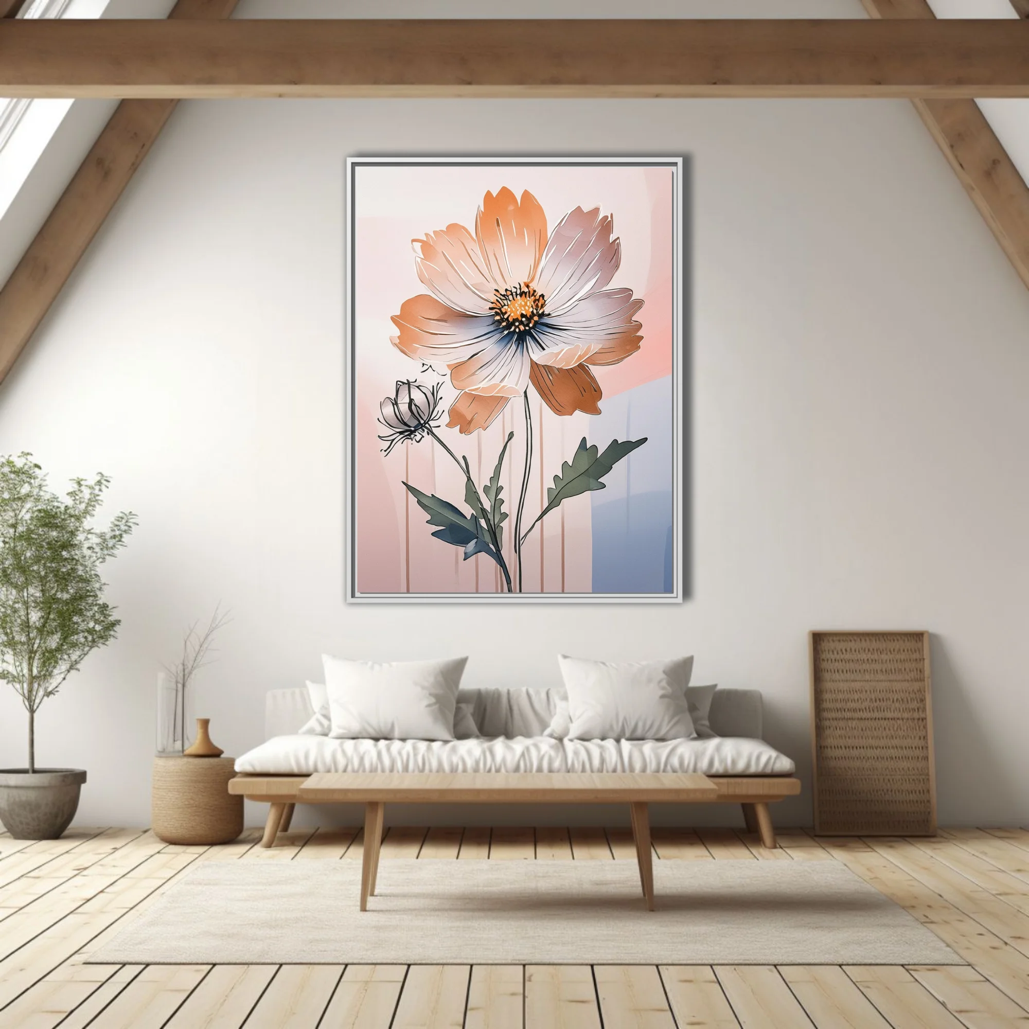 Abstract peach floral ink-style illustration with soft pastel geometric background