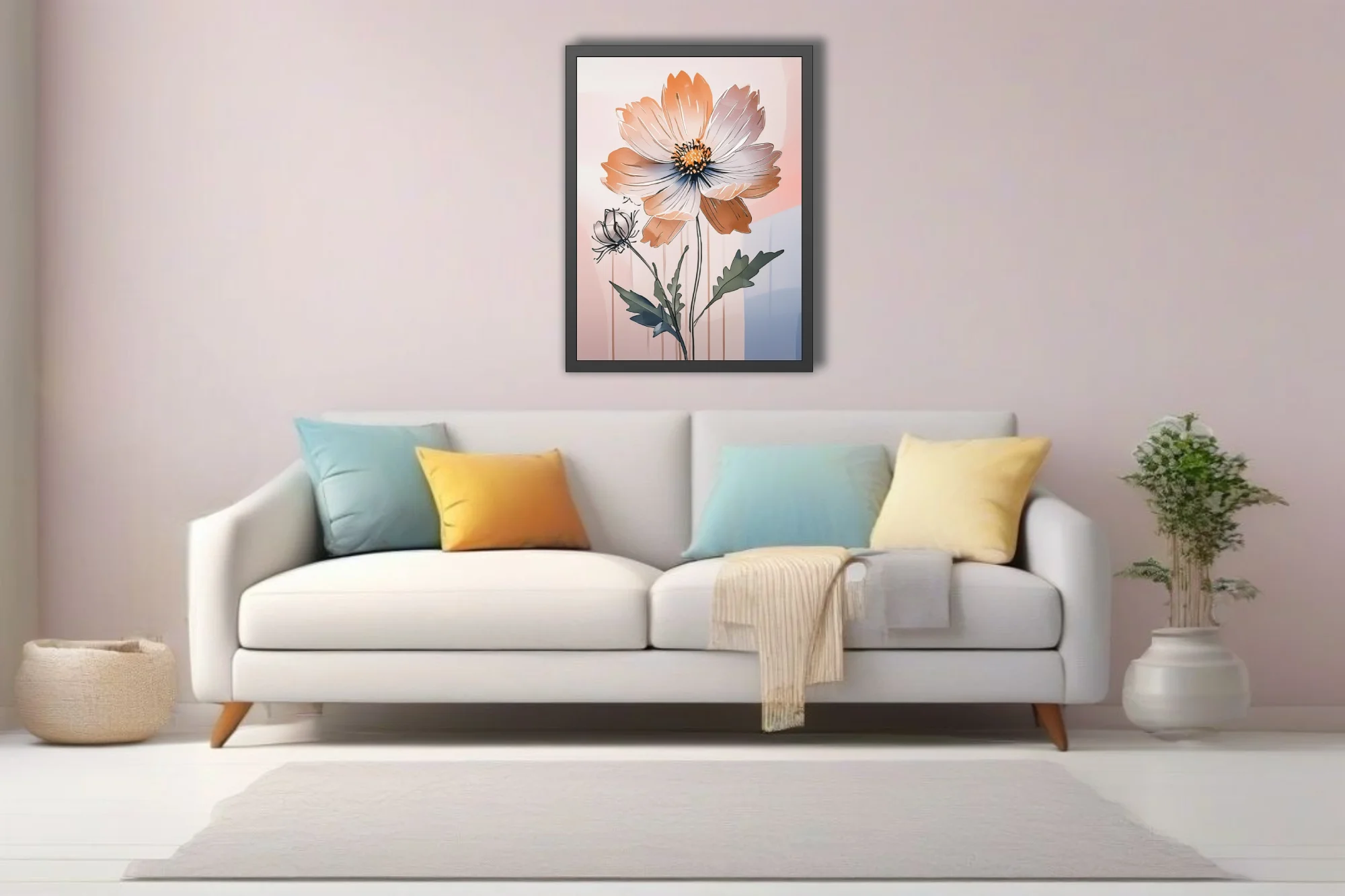 Abstract peach floral ink-style illustration with soft pastel geometric background