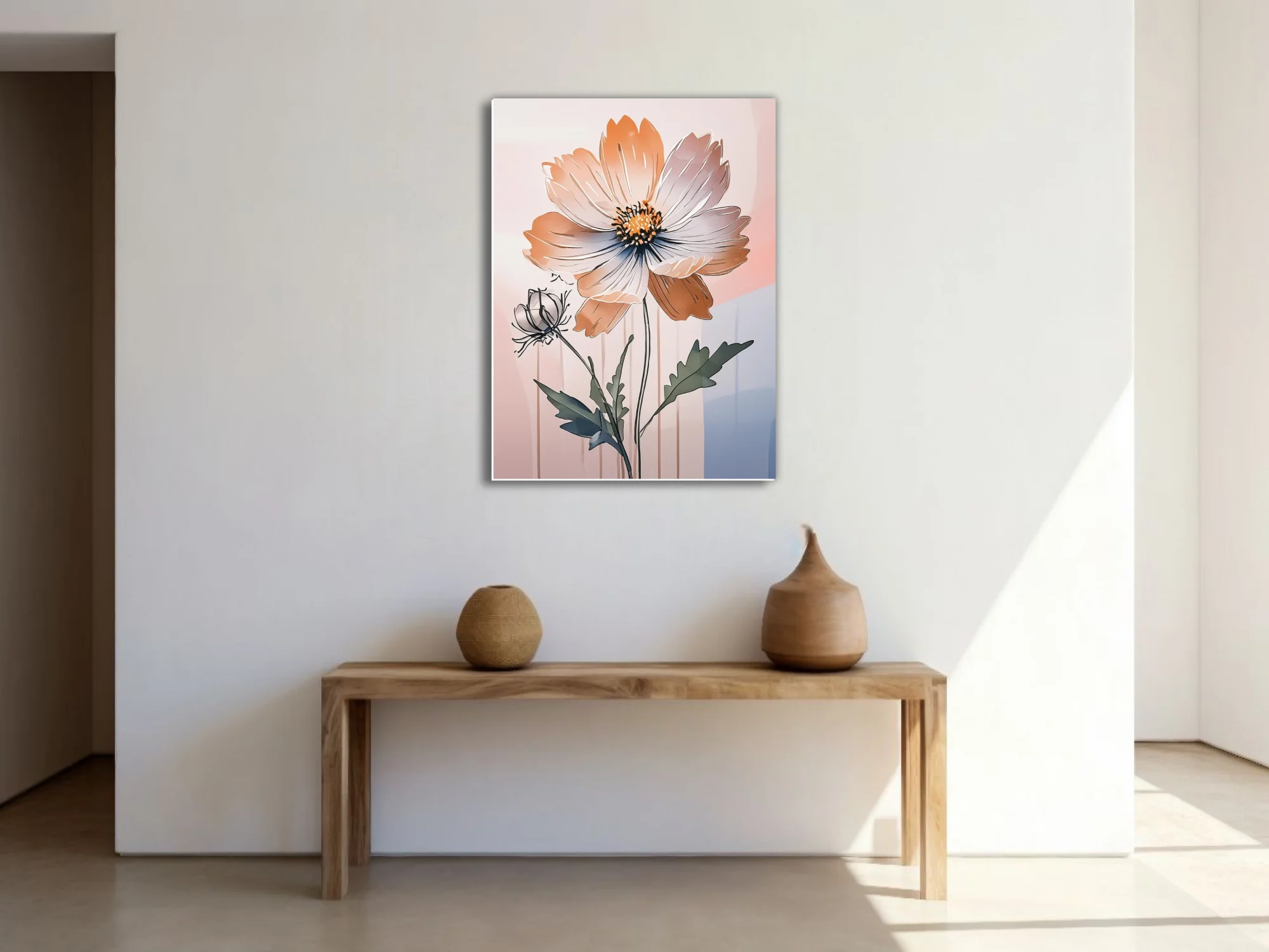 Abstract peach floral ink-style illustration with soft pastel geometric background