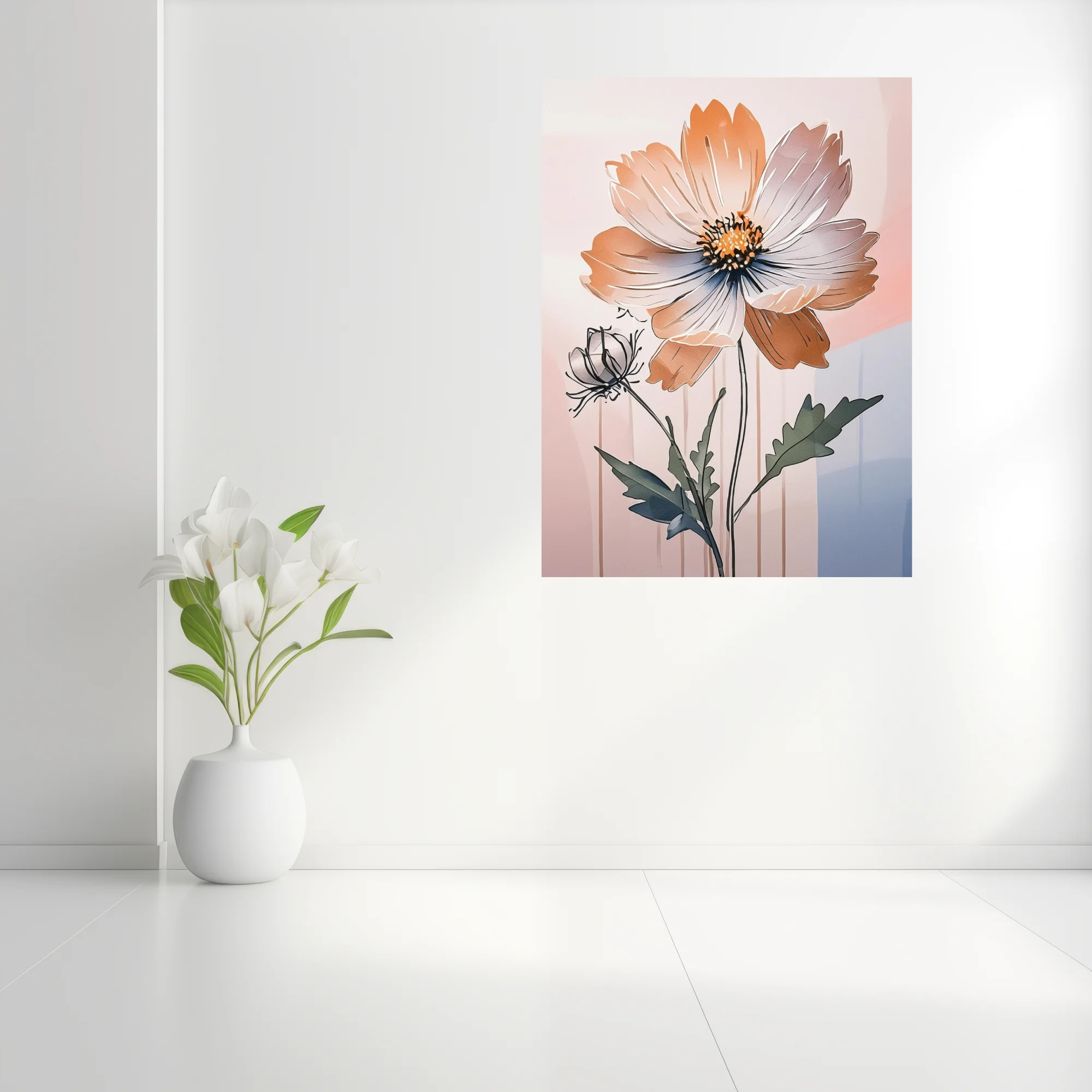 Abstract peach floral ink-style illustration with soft pastel geometric background