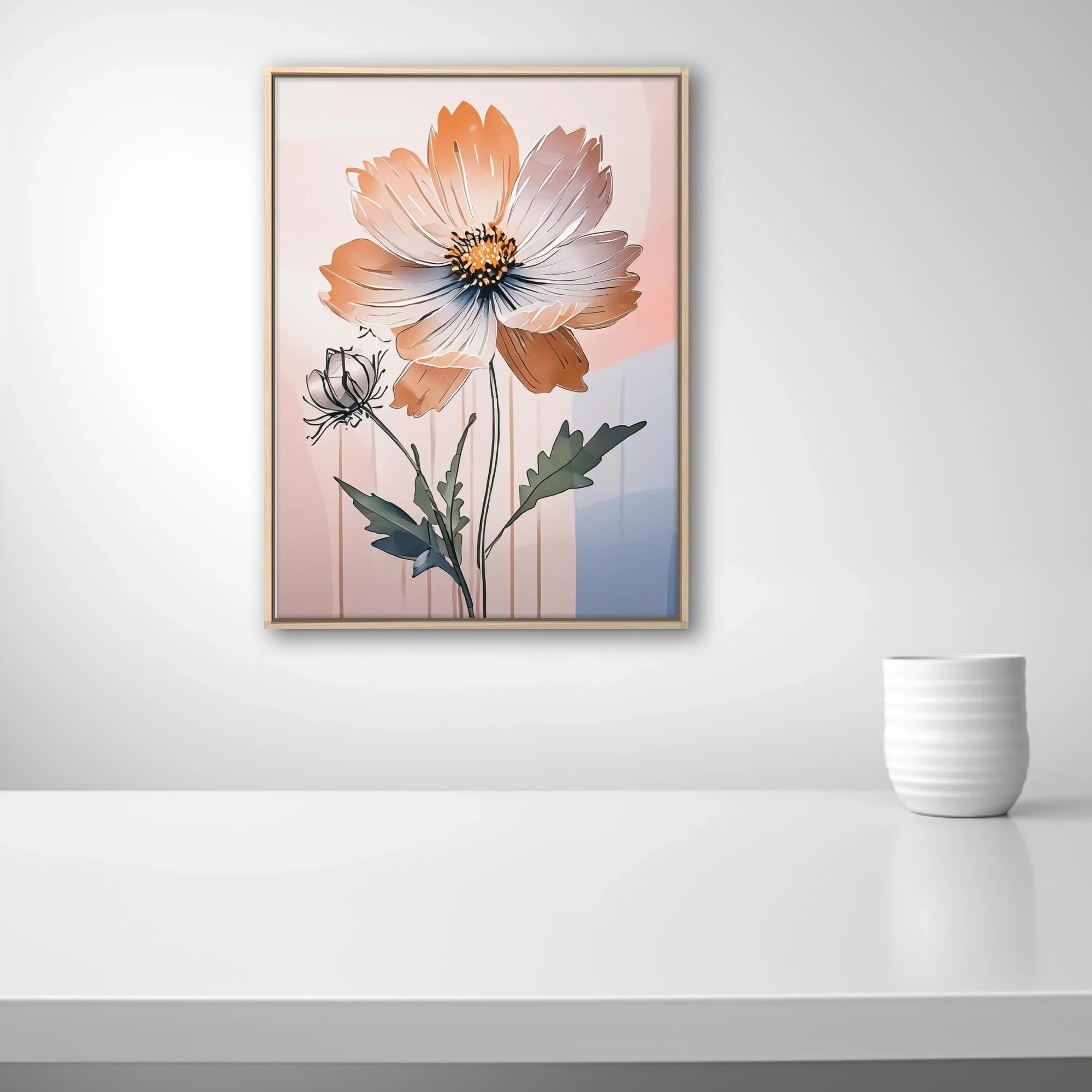 Abstract peach floral ink-style illustration with soft pastel geometric background