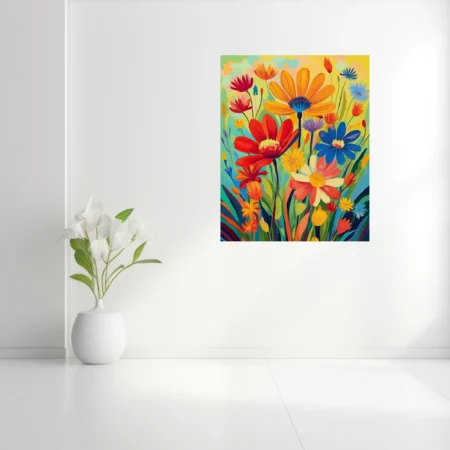 Brightly hued abstract wildflower composition in bold red, orange, blue, and yellow strokes