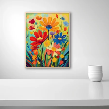 Brightly hued abstract wildflower composition in bold red, orange, blue, and yellow strokes