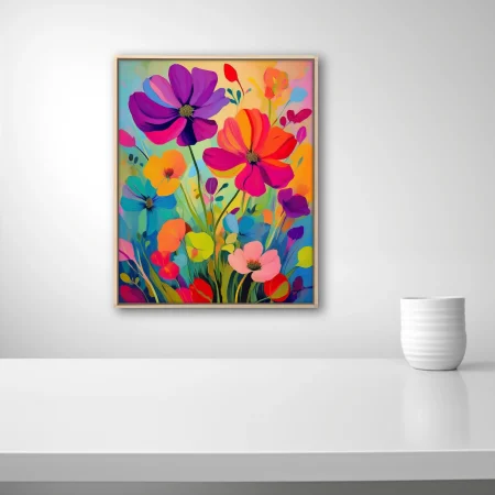 Brightly hued abstract floral art with bold neon blooms in purple, pink, and orange