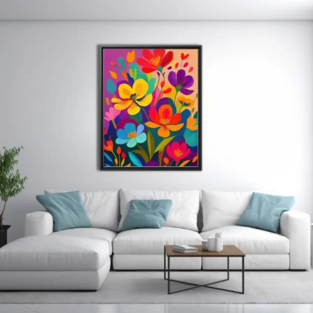 Intensely colored abstract floral art with saturated blooms in yellow, red, purple and blue