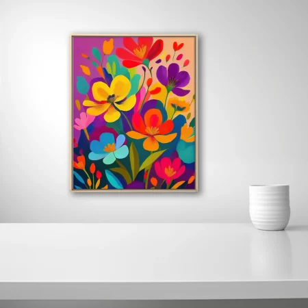 Intensely colored abstract floral art with saturated blooms in yellow, red, purple and blue