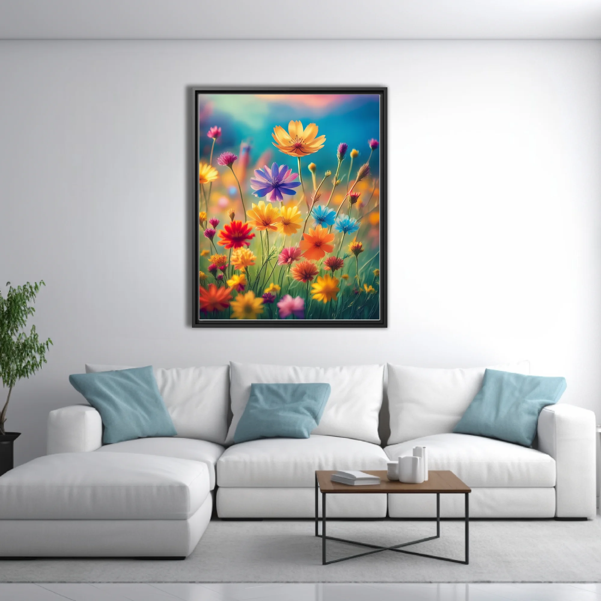 Vivid wildflower meadow illustration — rainbow blooms, jewel tones, soft bokeh background