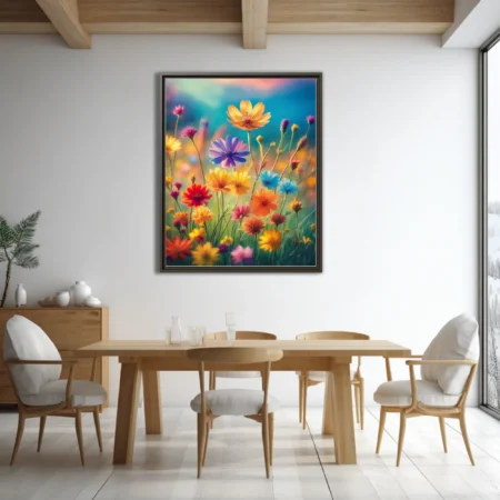 Vivid wildflower meadow illustration — rainbow blooms, jewel tones, soft bokeh background