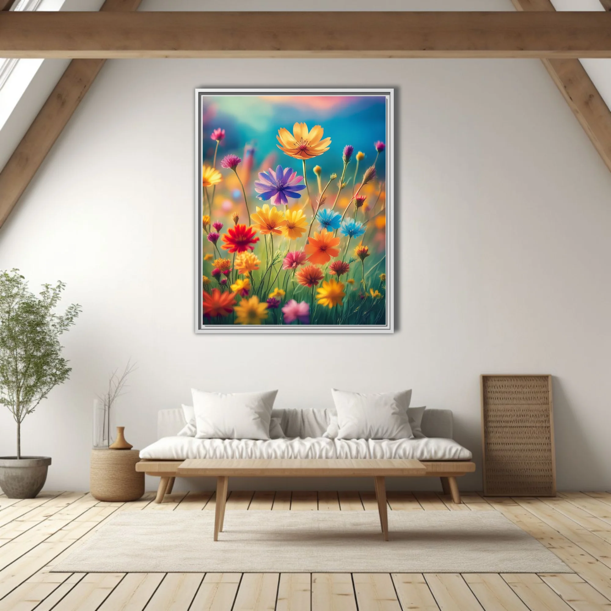 Vivid wildflower meadow illustration — rainbow blooms, jewel tones, soft bokeh background
