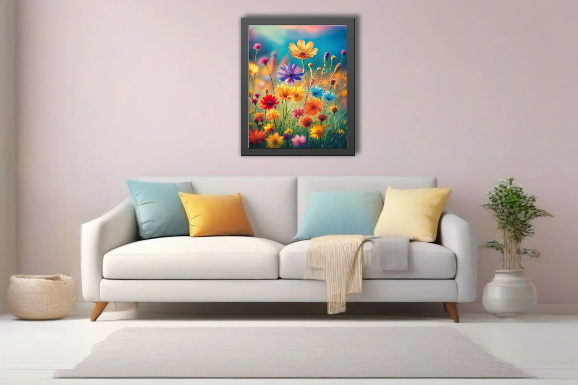 Vivid wildflower meadow illustration — rainbow blooms, jewel tones, soft bokeh background