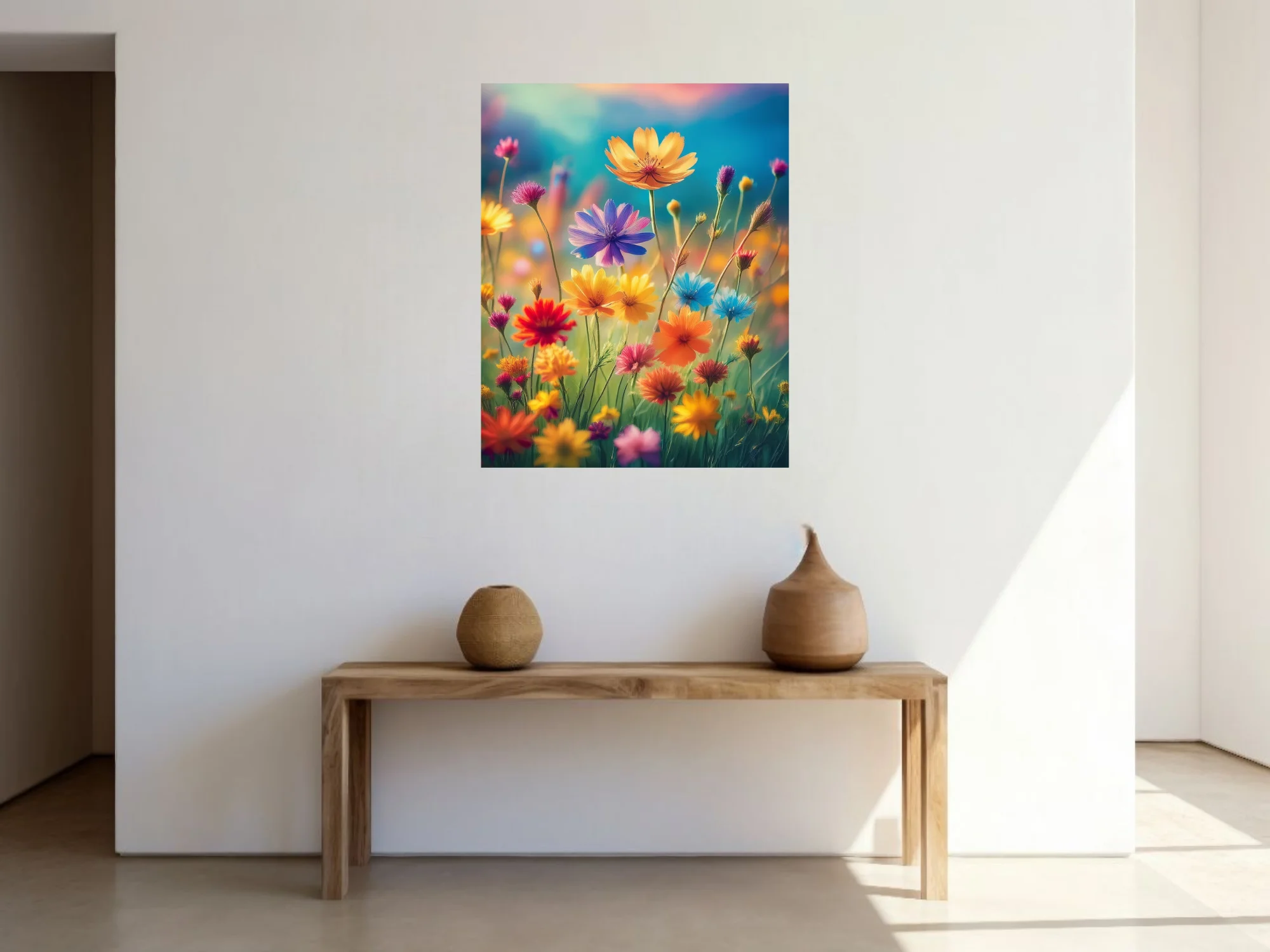 Vivid wildflower meadow illustration — rainbow blooms, jewel tones, soft bokeh background