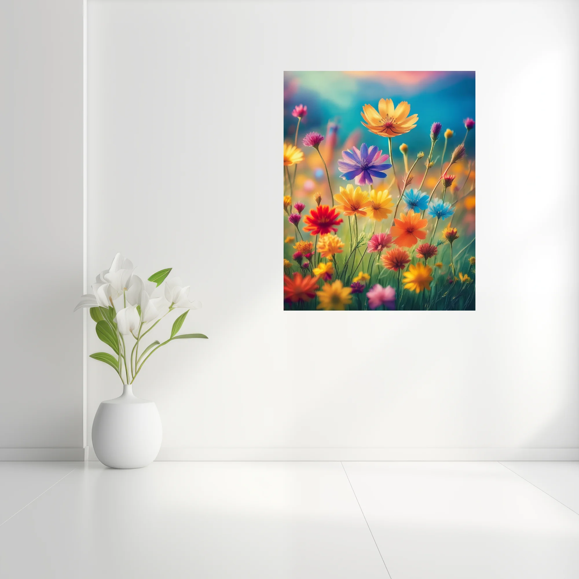 Vivid wildflower meadow illustration — rainbow blooms, jewel tones, soft bokeh background