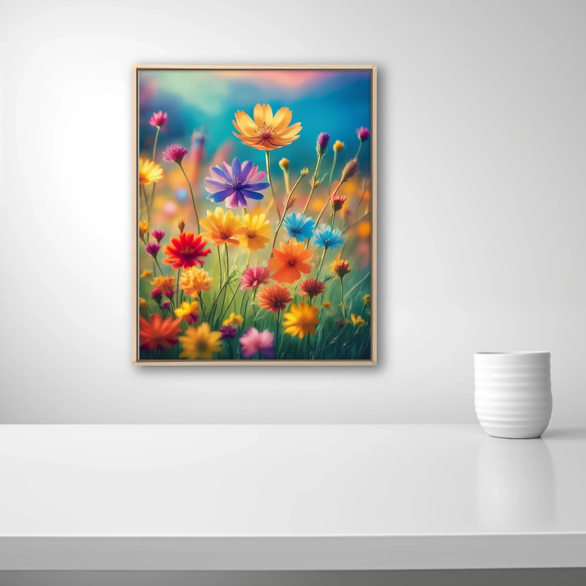 Vivid wildflower meadow illustration — rainbow blooms, jewel tones, soft bokeh background