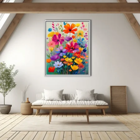 Bold wildflower composition in saturated reds, yellows, purples, and blues