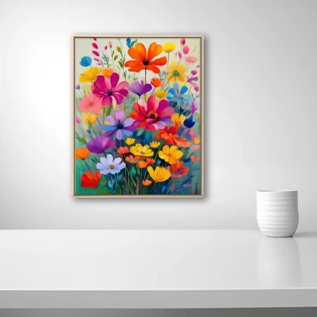 Bold wildflower composition in saturated reds, yellows, purples, and blues