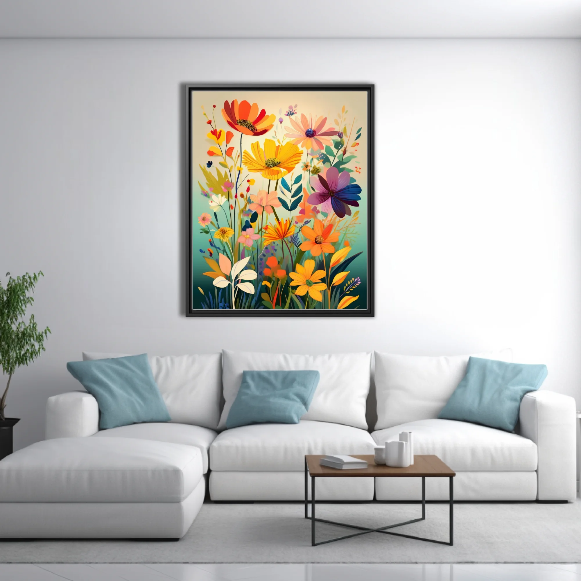 Flat-style abstract wildflower illustration in bold warm yellows, oranges, and purples