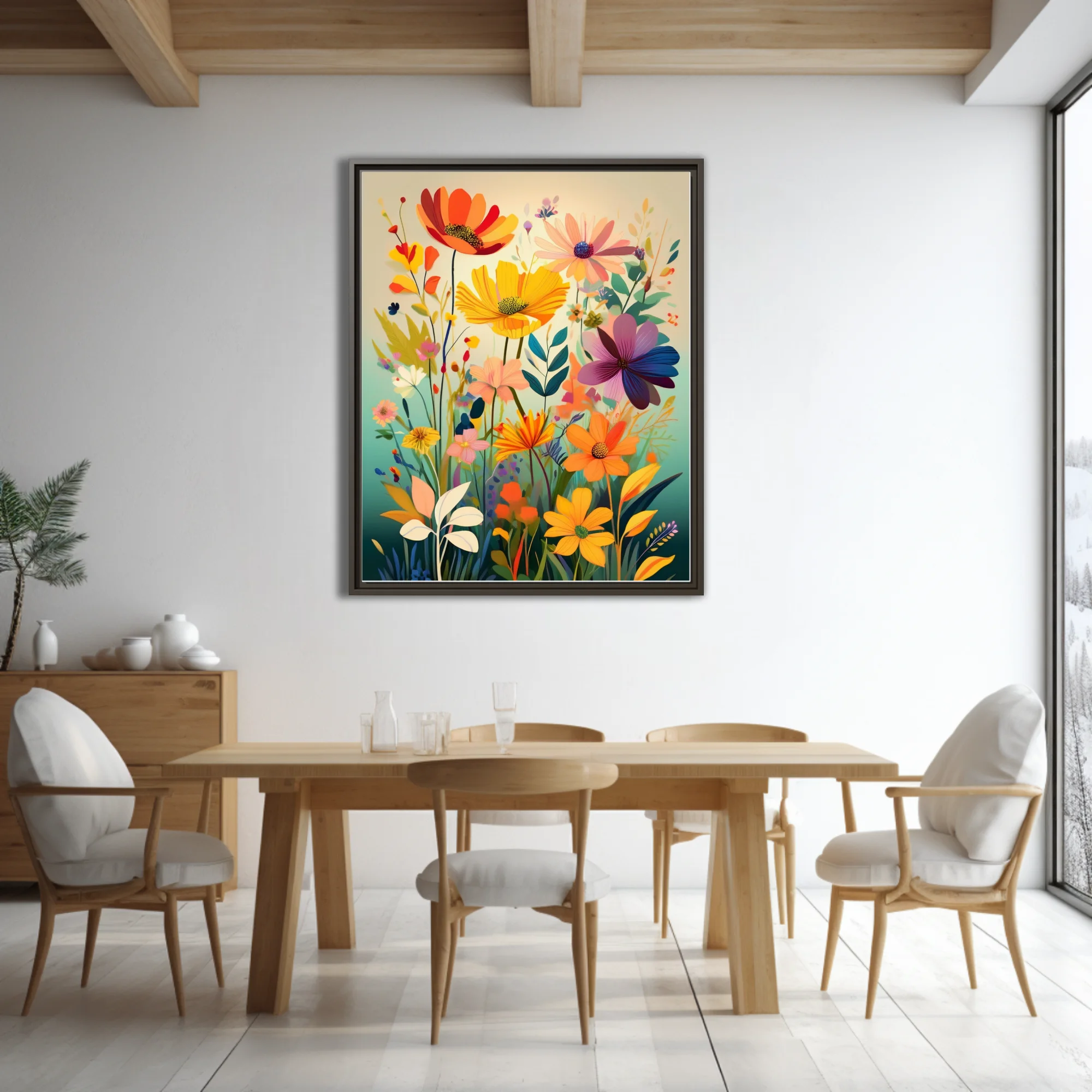 Flat-style abstract wildflower illustration in bold warm yellows, oranges, and purples