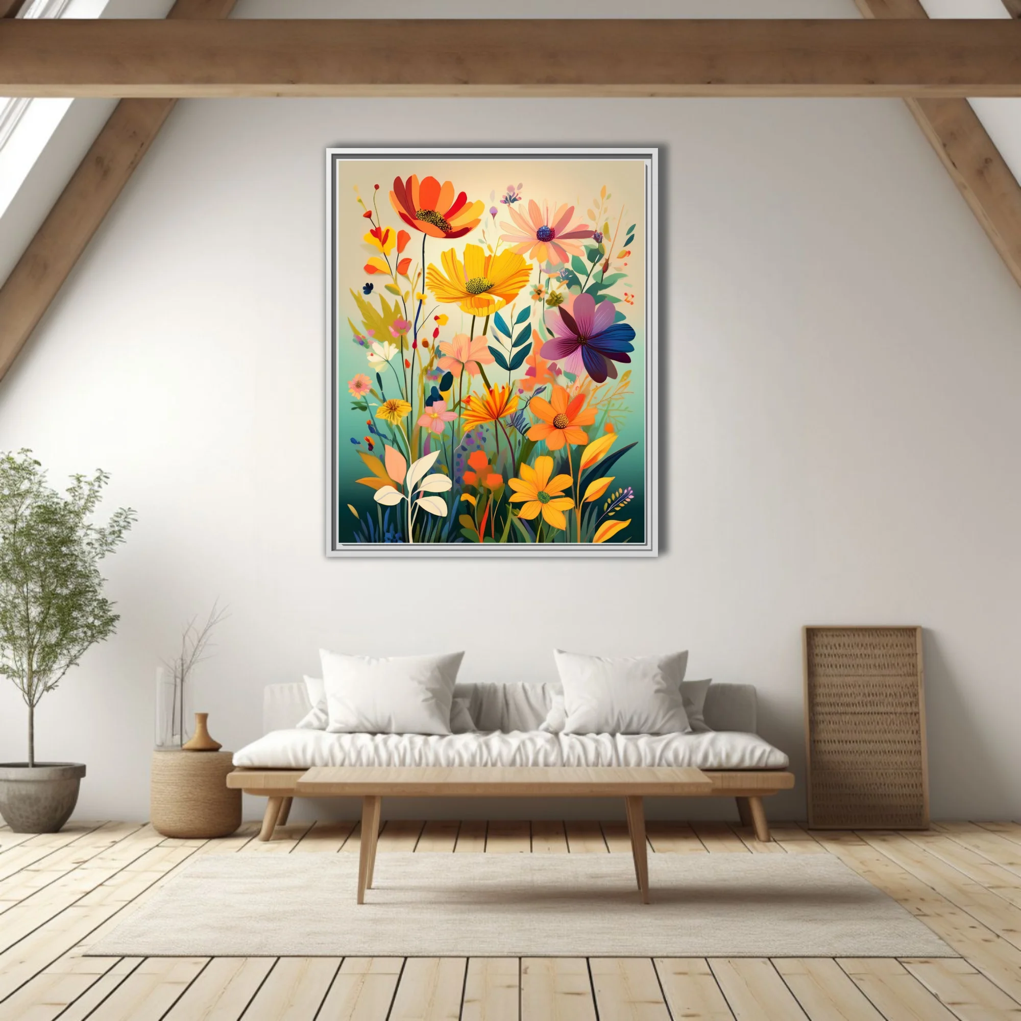Flat-style abstract wildflower illustration in bold warm yellows, oranges, and purples