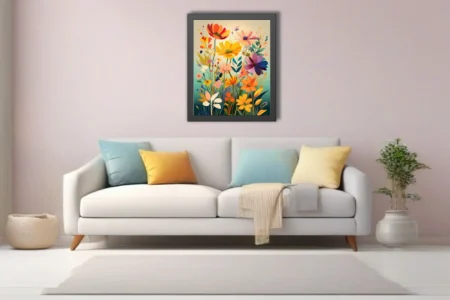 Flat-style abstract wildflower illustration in bold warm yellows, oranges, and purples