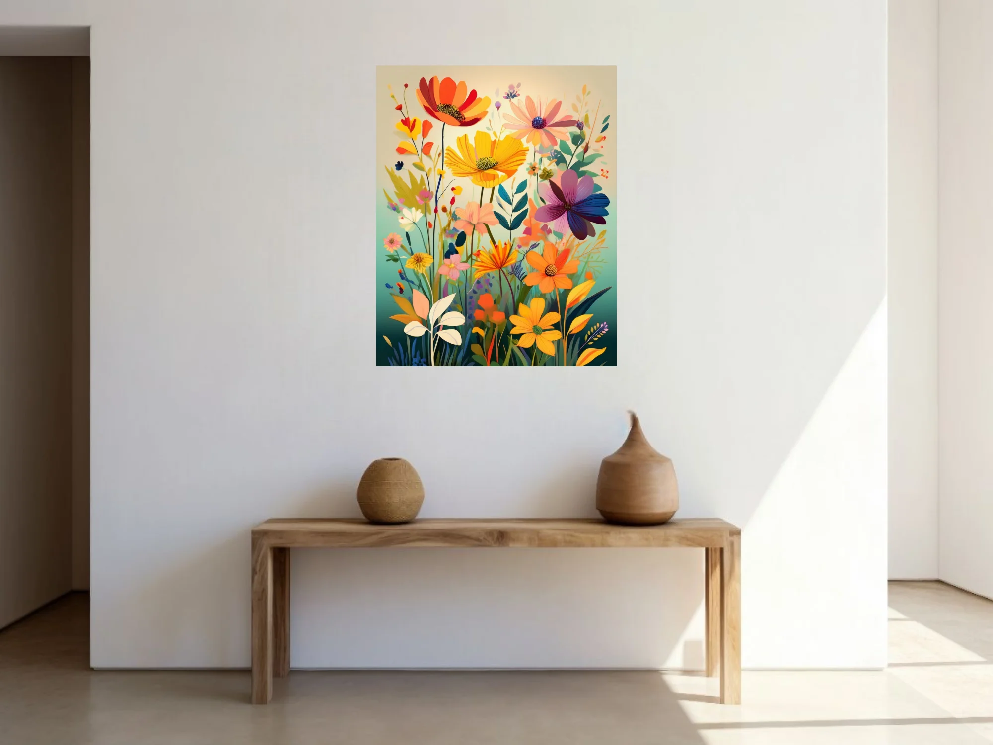 Flat-style abstract wildflower illustration in bold warm yellows, oranges, and purples