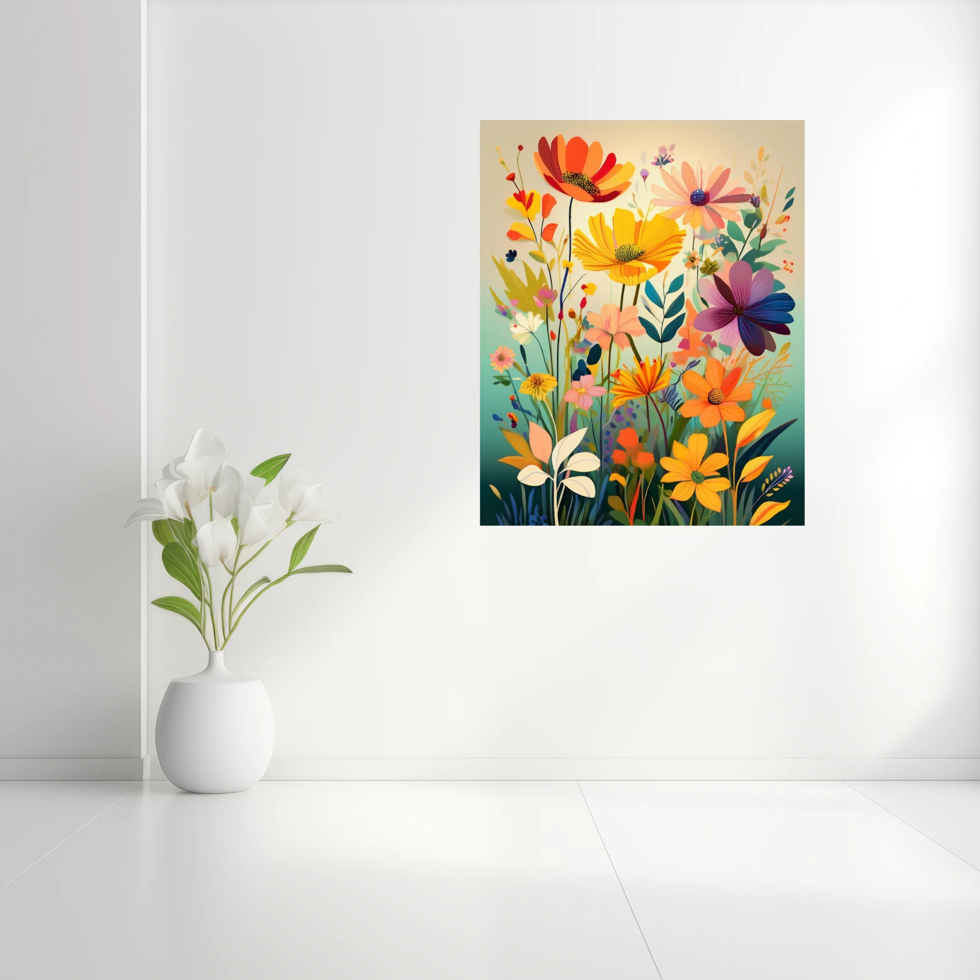 Flat-style abstract wildflower illustration in bold warm yellows, oranges, and purples