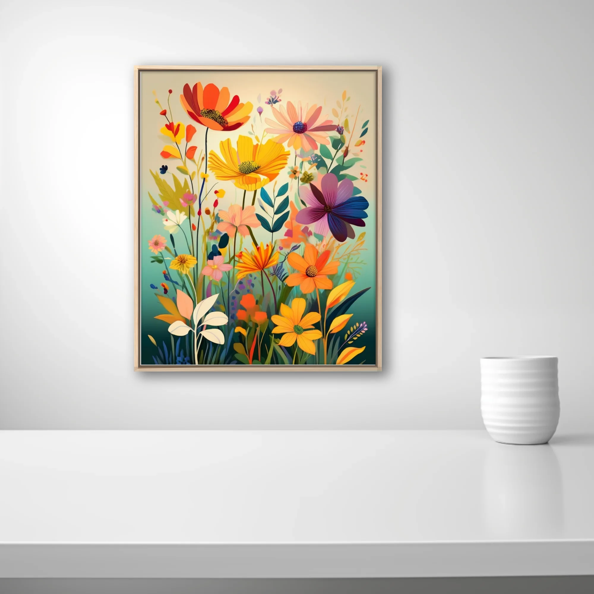 Flat-style abstract wildflower illustration in bold warm yellows, oranges, and purples