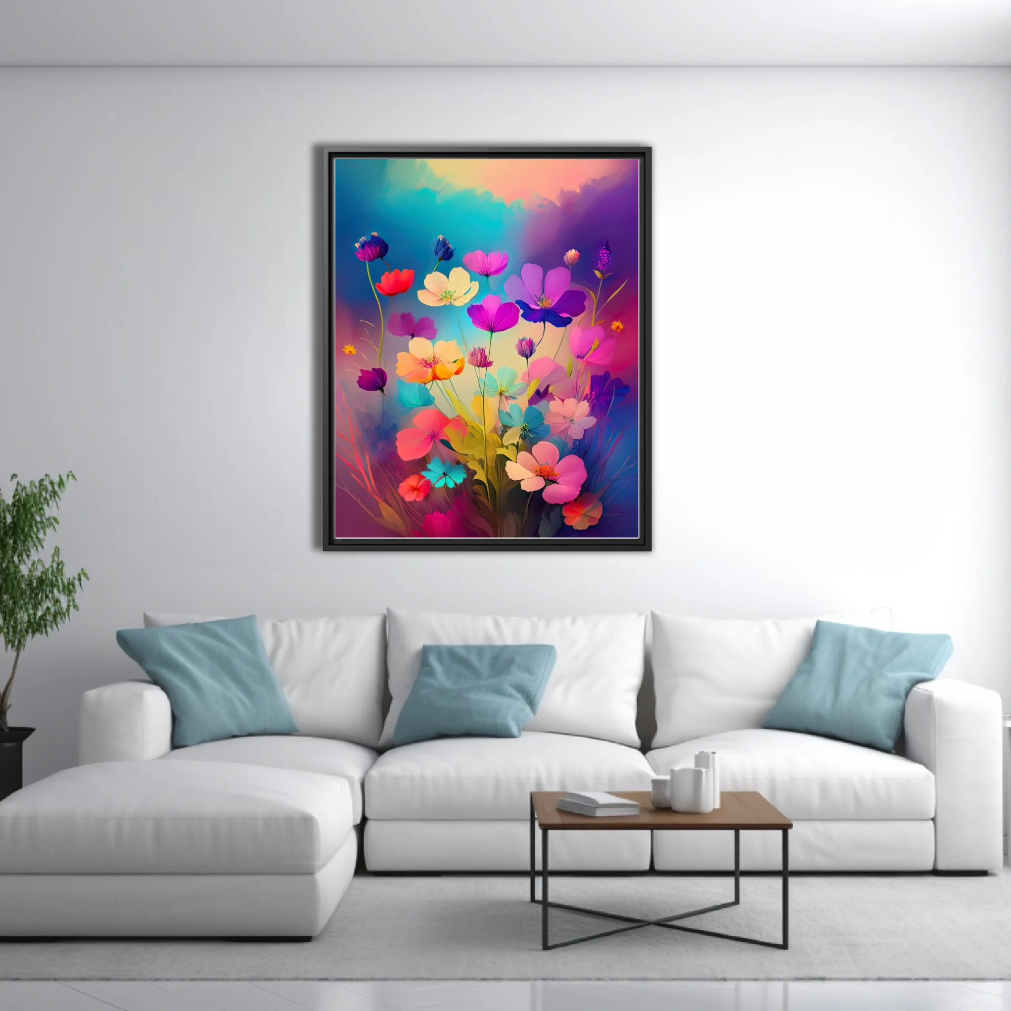 Brightly hued abstract floral art with neon pinks, purples, and blues