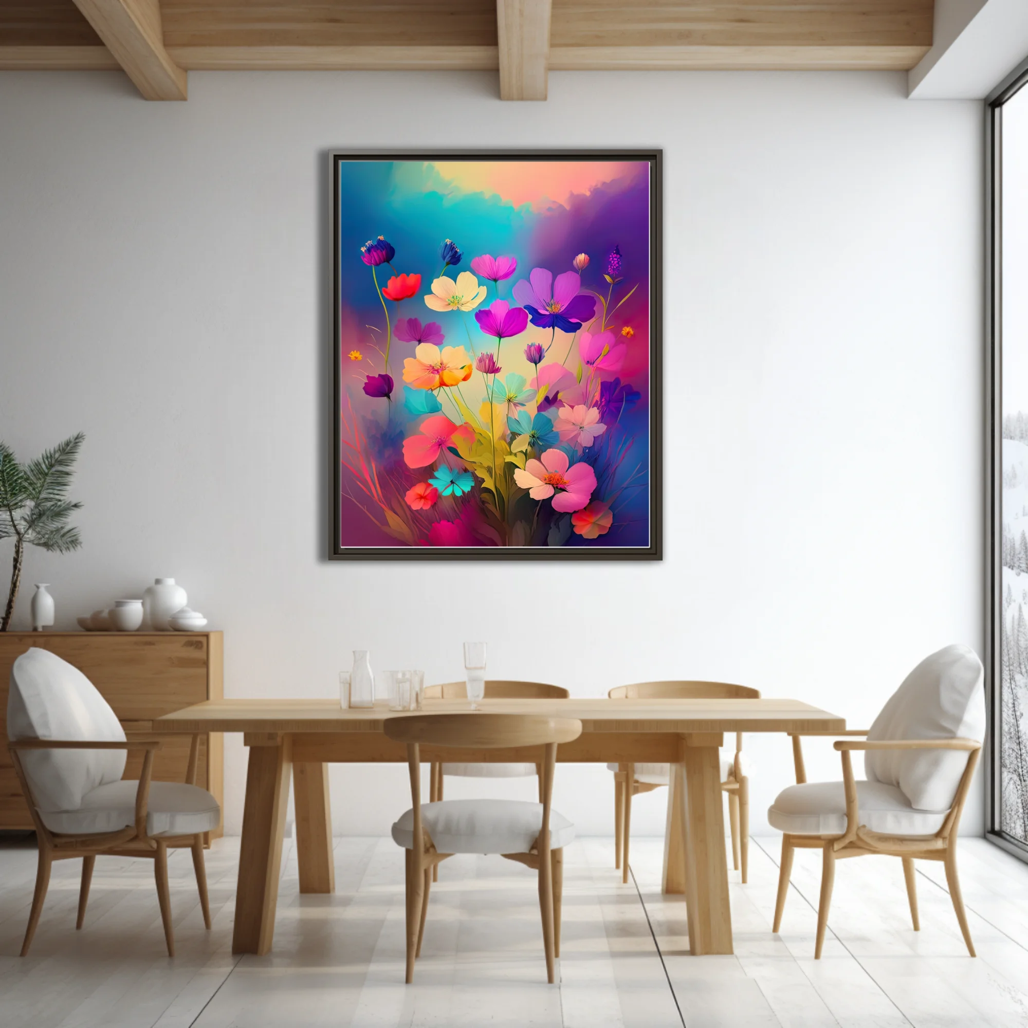 Brightly hued abstract floral art with neon pinks, purples, and blues