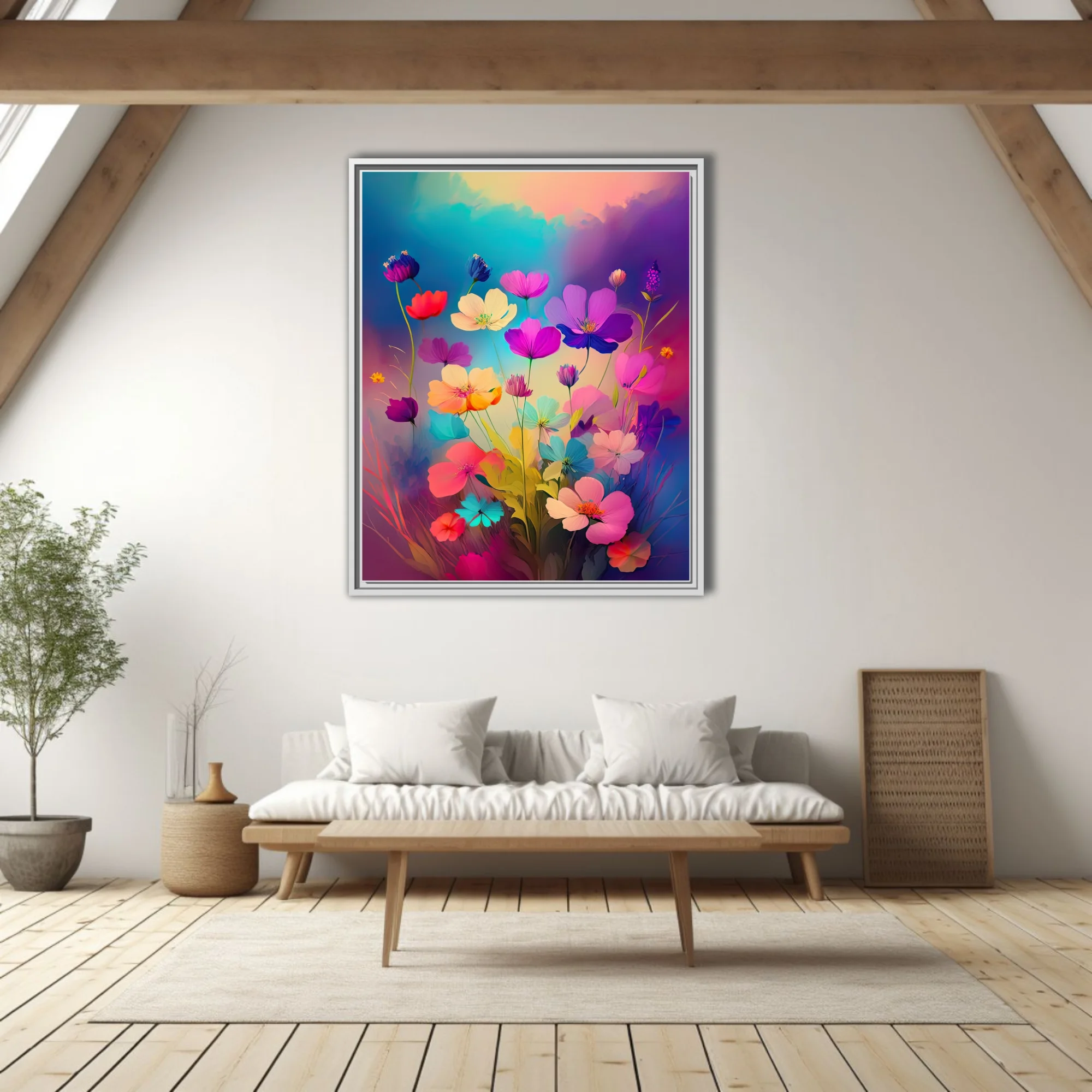 Brightly hued abstract floral art with neon pinks, purples, and blues