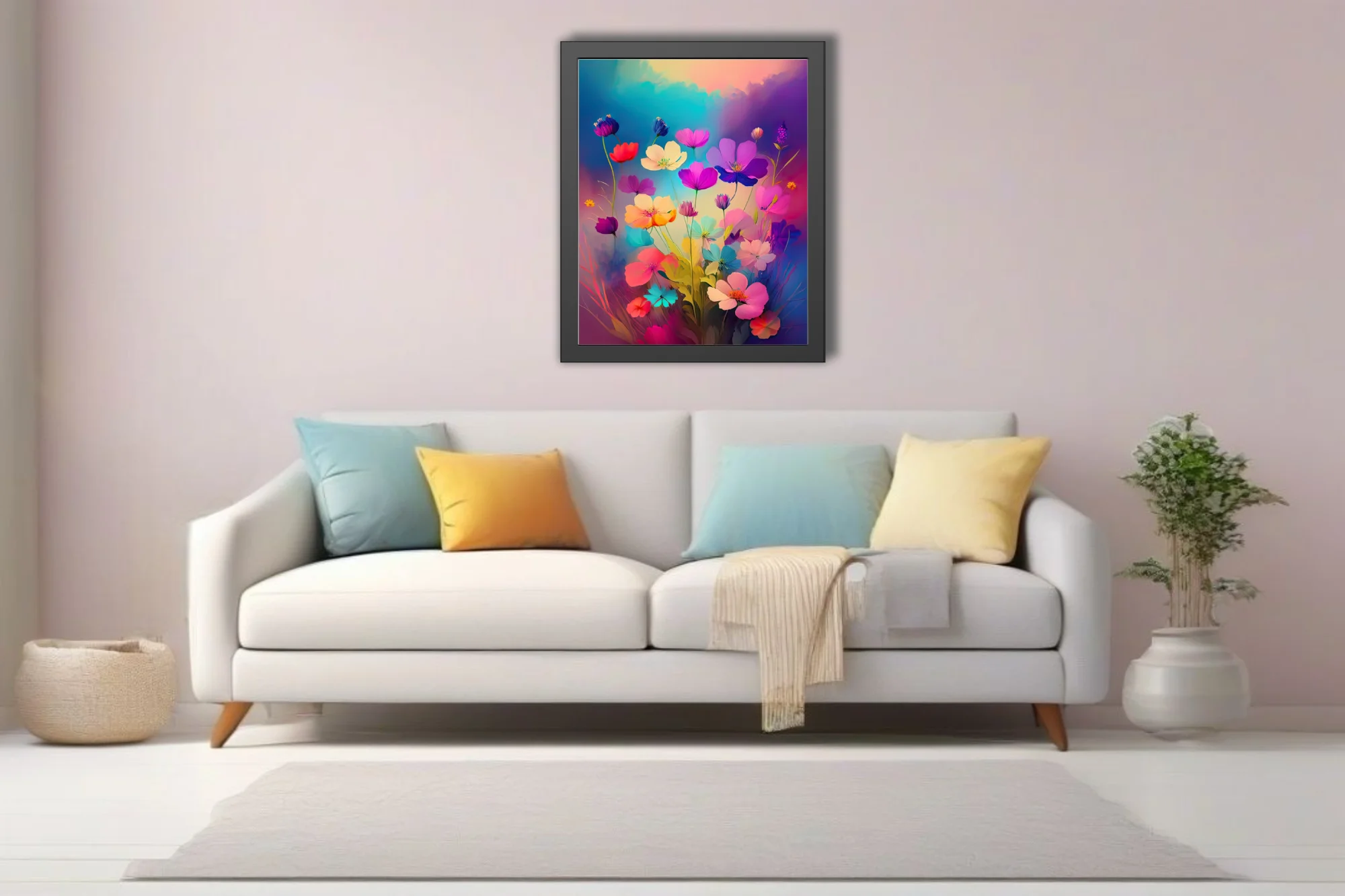 Brightly hued abstract floral art with neon pinks, purples, and blues