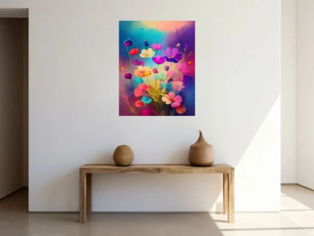 Brightly hued abstract floral art with neon pinks, purples, and blues
