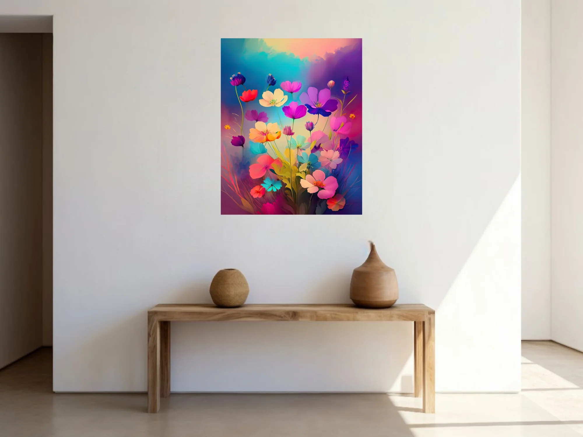 Brightly hued abstract floral art with neon pinks, purples, and blues