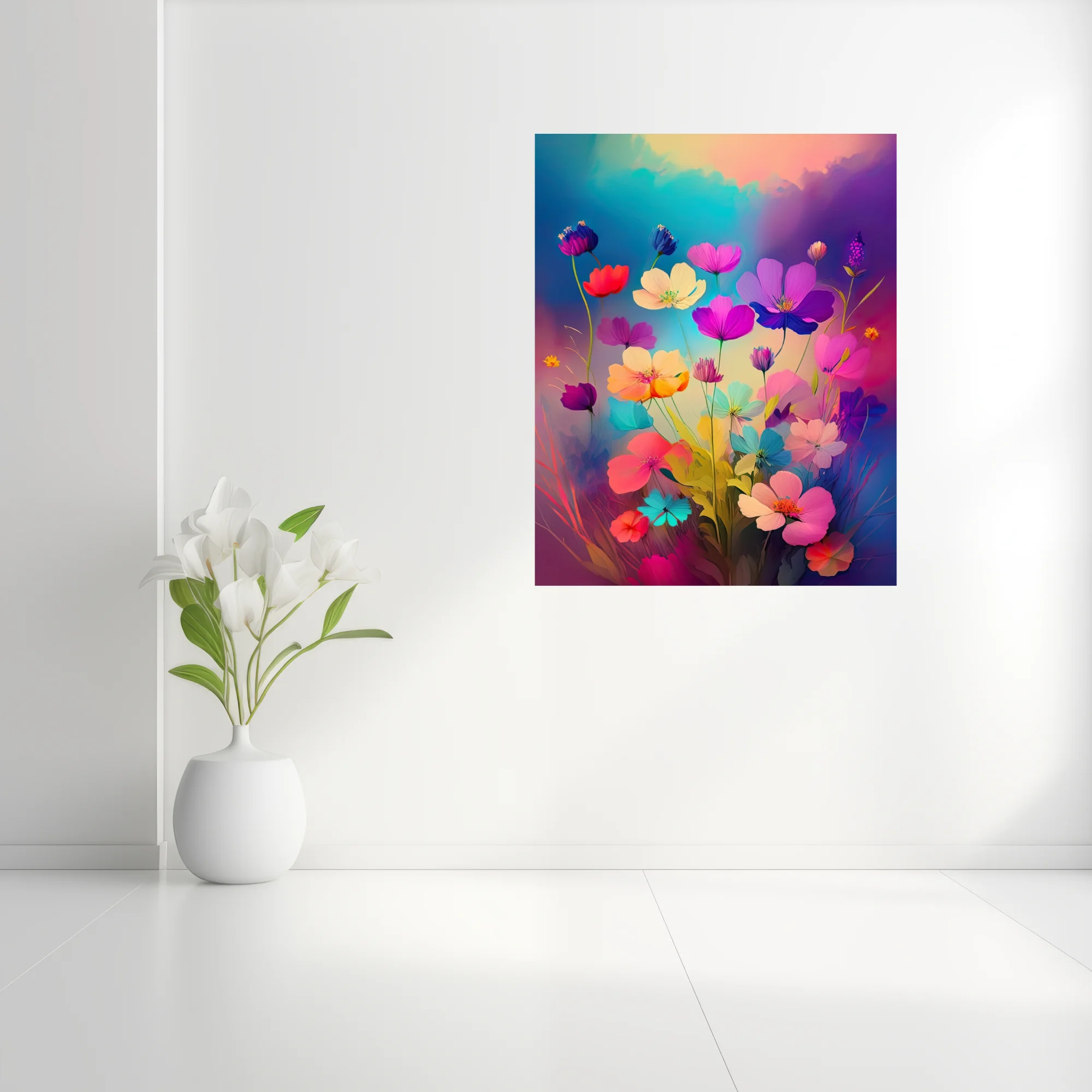 Brightly hued abstract floral art with neon pinks, purples, and blues