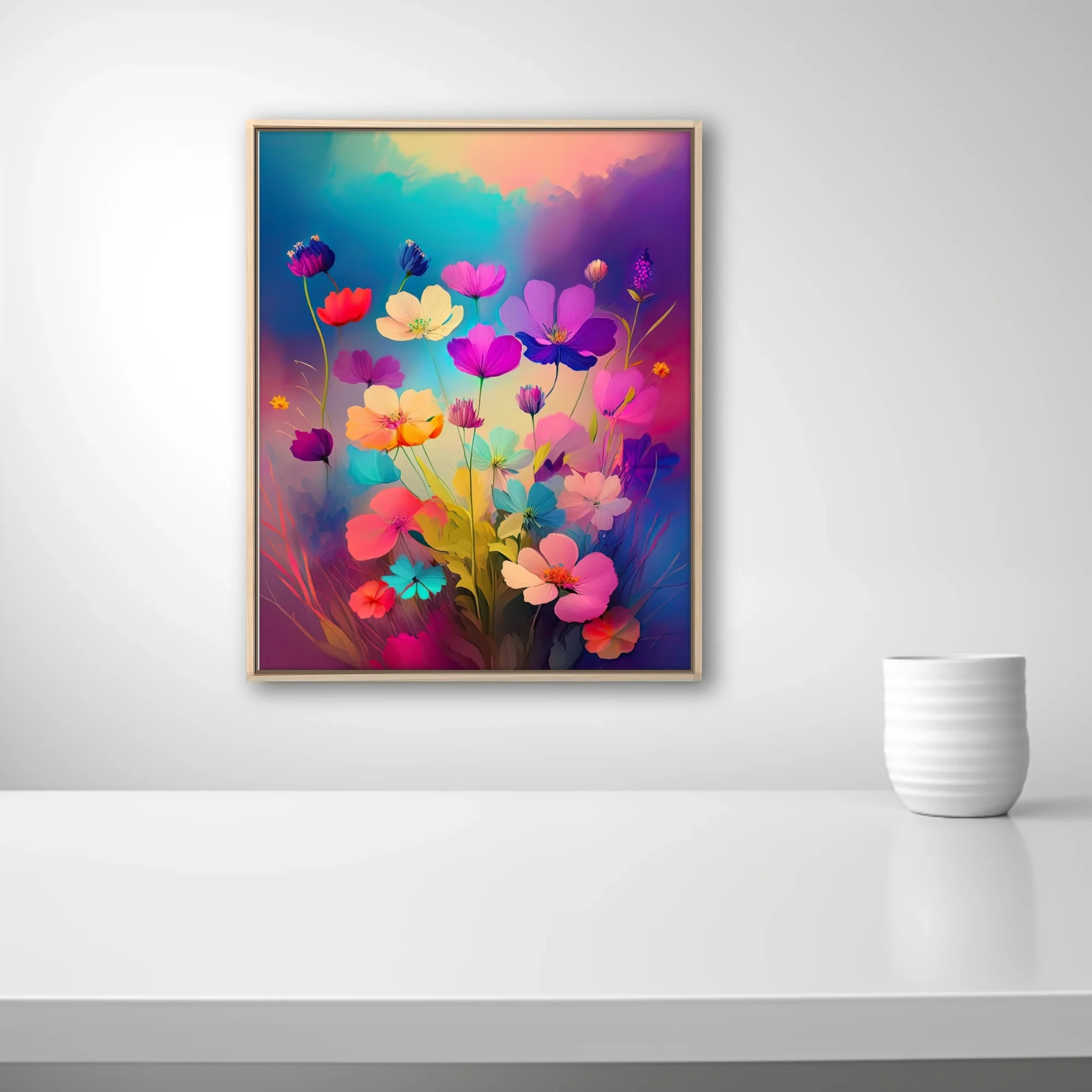 Brightly hued abstract floral art with neon pinks, purples, and blues