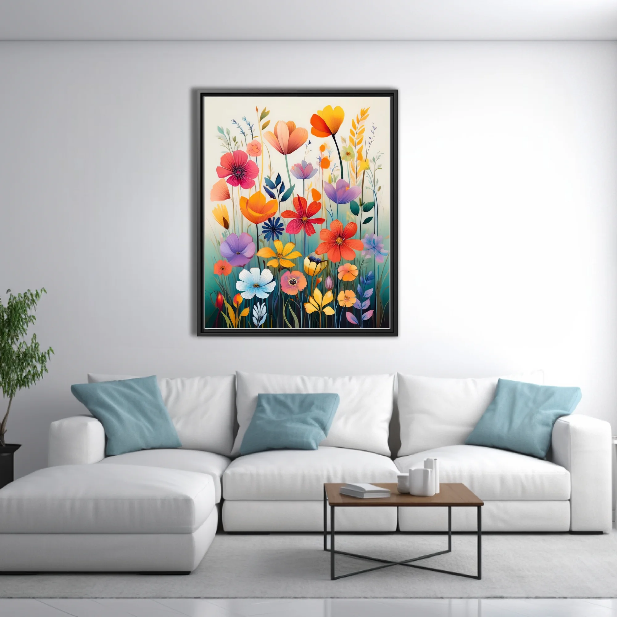 Colorful abstract wildflower illustration with painterly washes, vibrant multi-hued blooms