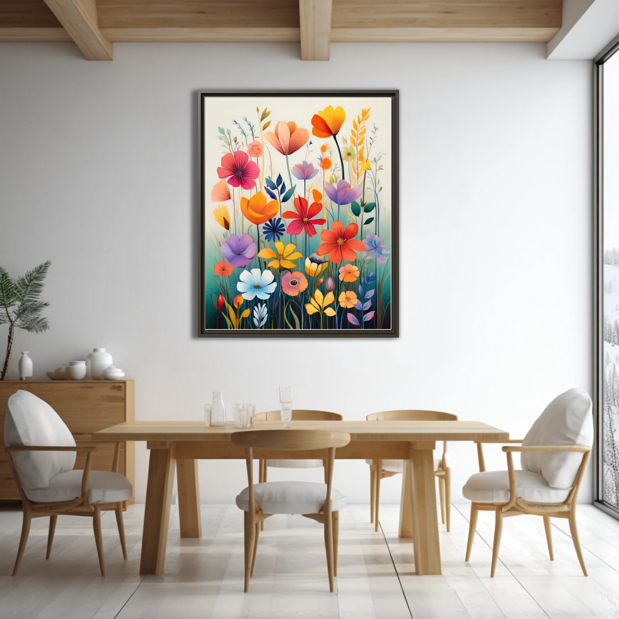 Colorful abstract wildflower illustration with painterly washes, vibrant multi-hued blooms