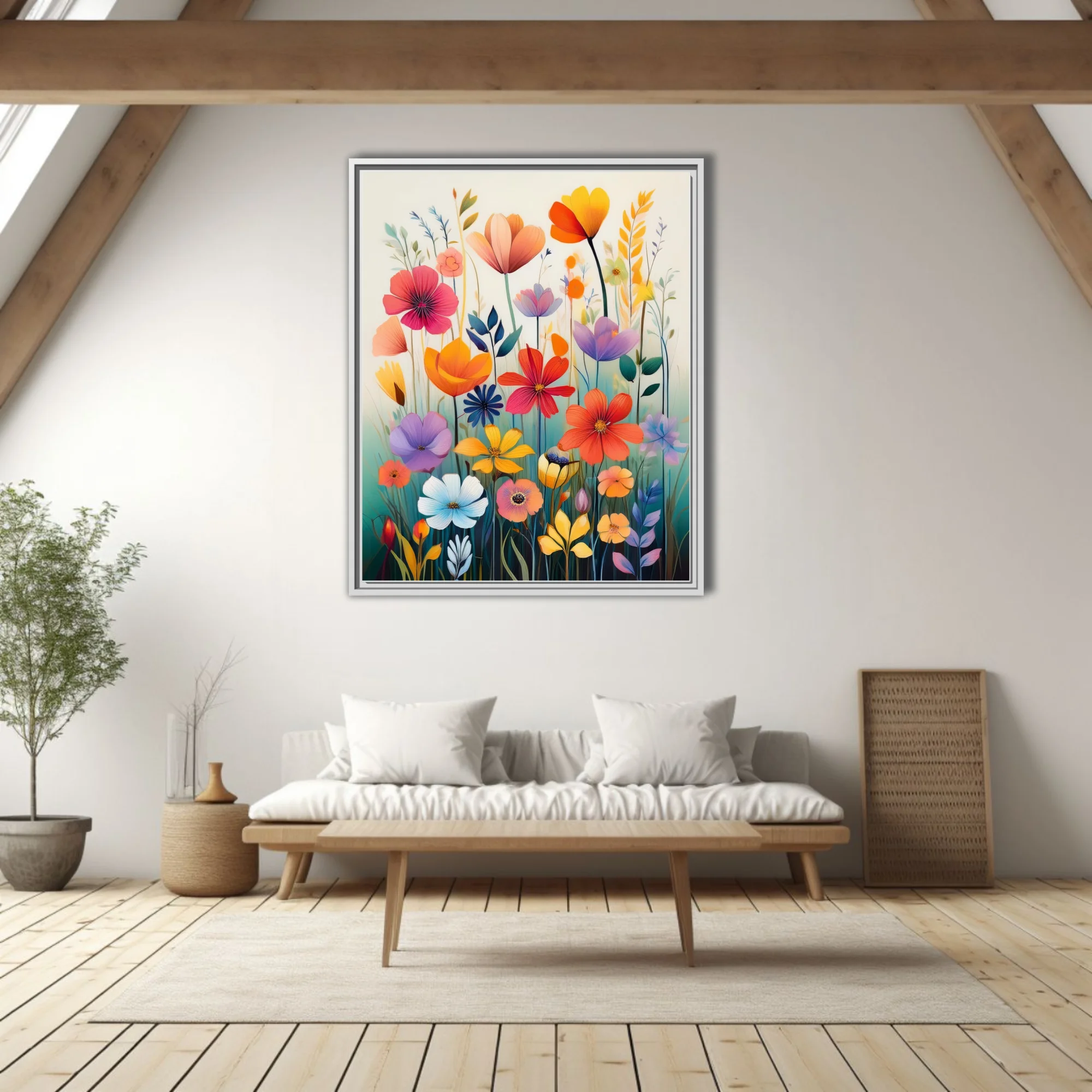 Colorful abstract wildflower illustration with painterly washes, vibrant multi-hued blooms