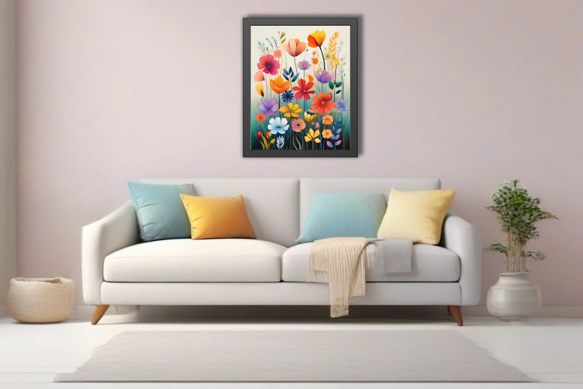 Colorful abstract wildflower illustration with painterly washes, vibrant multi-hued blooms